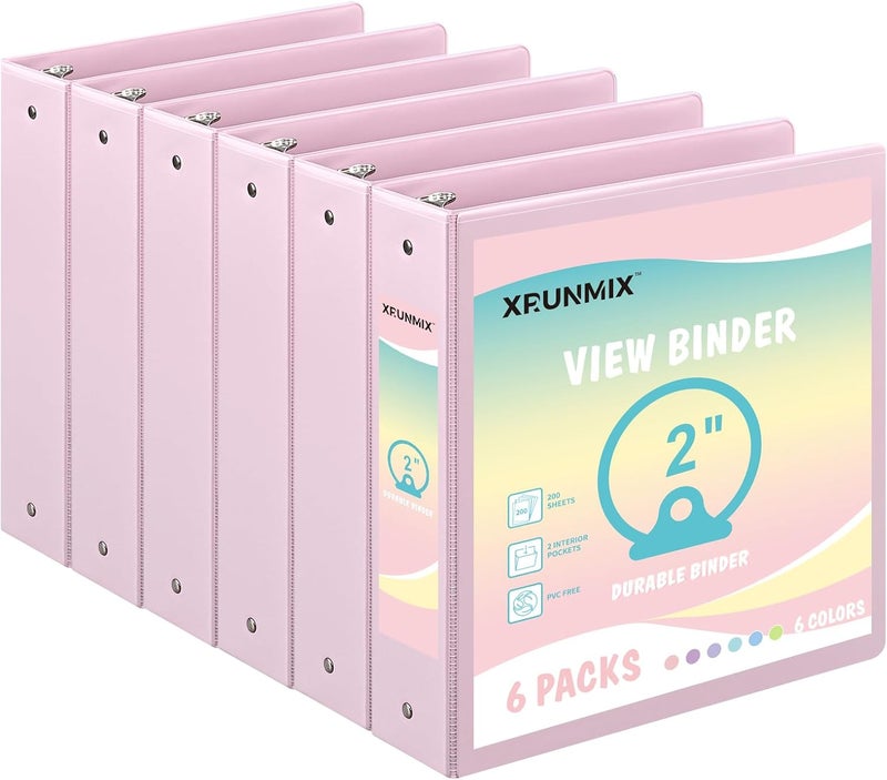 XRUNMIX 2-inch 3-Ring Binder with Pockets, Basic Binders 1''2'' Color Binders, Holds Letter Size 8.5'' x 11'',450 Sheet Capacity, Bundle 6 Pack for Back to School (2'' Pink- 6 Packs) - Image 1